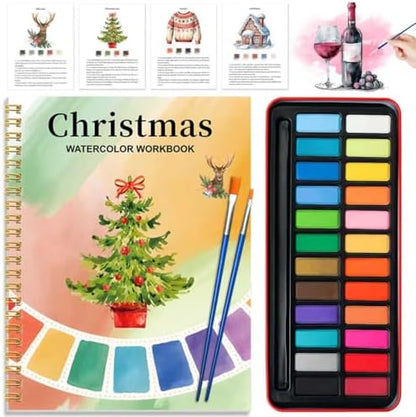 Watercolor Workbook - Coloring Book Beginner Friendly Painting Kit, Watercolor Workbooks for Adults with 24 Colors Paint, Exploration Gift for Adults Teens (Christmas) by Cbcmpica