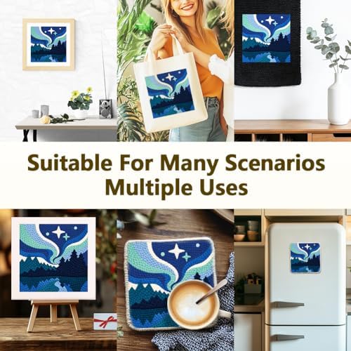 Doodlream Aurora Night Scene Needle Kit for Beginner, 9.4"x 9.4" Northern Lights Punch Stitching Craft Set, DIY Embroidery Starter with Printed Frame, Instruction, Threader, Yarn, Pinch Needle - Image 5