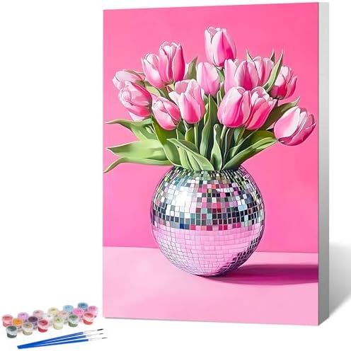 Framed Paint by Numbers Kit for Adults, Disco Ball & Flower Decor 8x12 Inch by Okarina