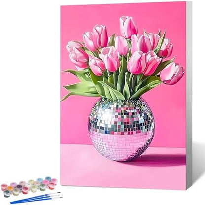 Framed Paint by Numbers Kit for Adults, Disco Ball & Flower Decor 8x12 Inch by Okarina
