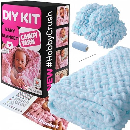 Beginner Craft Kit – Easy Loop Yarn Baby Blanket Kit for Adults & Kids, DIY Arm Knitting Kit with Soft Chenille Yarn, Perfect Handmade Gift (Blue) by Candy-Yarn