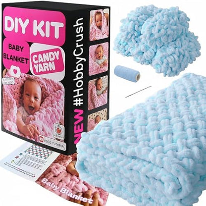 Beginner Craft Kit – Easy Loop Yarn Baby Blanket Kit for Adults & Kids, DIY Arm Knitting Kit with Soft Chenille Yarn, Perfect Handmade Gift (Blue) by Candy-Yarn