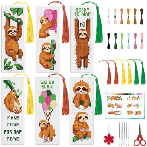 INFUNLY Sloth Words Cross Stitch Bookmark Kit 10x7.7 Funny Quote Cross Stitch Bookmark Set Nap Time Sloth Stamped Embroidery Bookmarks Kit DIY Embroidery Bookmarks for Book Lovers Craft Gift by INFUNLY