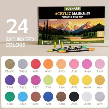24 Colors Precision Dual Tip Acrylic Paint Markers Pens - Brush & Fine - Image 6