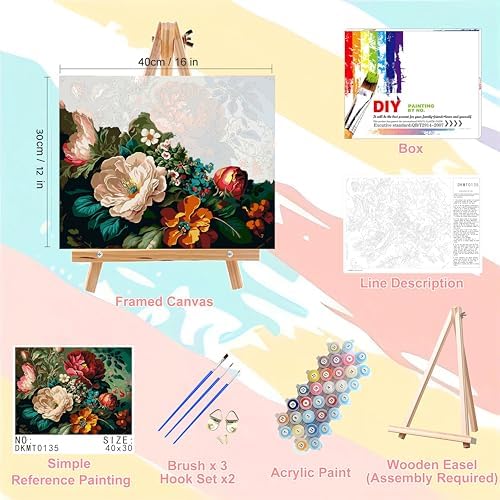 Peony Paint by Numbers for Adults with Framed Canvas - with Wooden Easel - Image 2