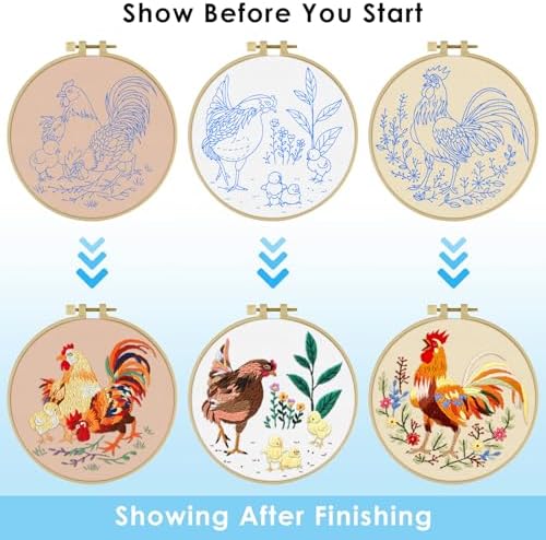 ERKOON 3 Sets Embroidery Kit, Floral Cross Stitch Set for Include Embroidery Cloth Hoops Threads for Craft Lover Hand Stitch (Rooster) - Image 3