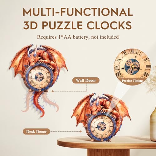 3D Puzzles for Adults Wooden Fire Dragon Puzzle Clock Adult Crafts - Image 3