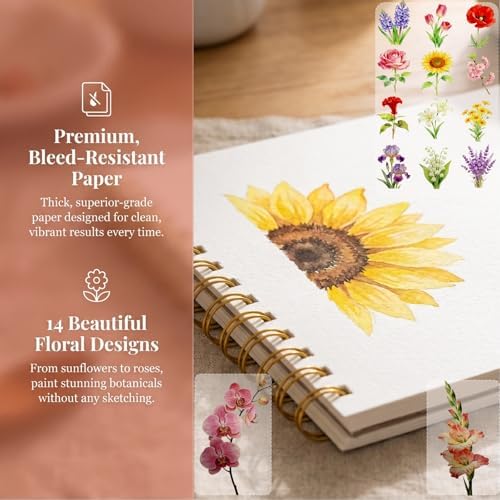 Flower Watercolour Workbook Kit for Beginners, 10.5"x7.5" Oversized Art Set with 12Paints, 14 Pre-Outlined Floral Designs & Step-by-Step Guide for Adults & Teens - Image 4
