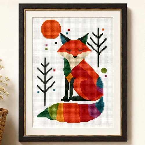 Zhenqing Rainbow Fox Cross Stitch Kit - 11CT Pre-Printed 28x38cm Fabric with Threads & Needle (No Tools) (68571) - Image 2