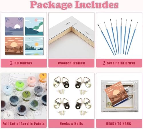 Fotasmua 4 Pack Framed Paint by Number Kits for kids Sunset, DIY Landscape Paint by Numbers Kits for Adults on Canvas, Easy Acrylic Oil Painting for Kids & Adults Beginners for Wall Decor (8 x 8 Inch) - Image 6