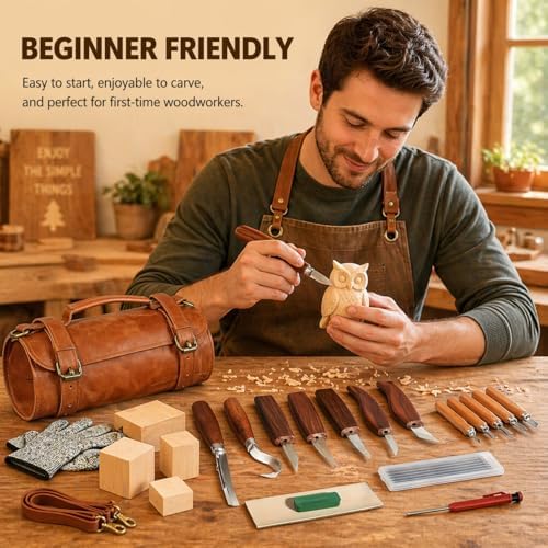 Deluxe Wood Carving Kit, 26Pcs Whittling Tools with 6 Basswood Blocks & Leather Case, High-Carbon Steel Knives, Safety Gloves, Woodworking Set for Beginners Adults DIY Craft Gifts - Image 6