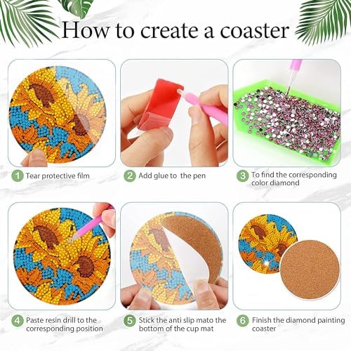 EWJRNSF 6 PCS Sunflower Diamond Painting Coasters Kit for Adults DIY Craft - Image 3