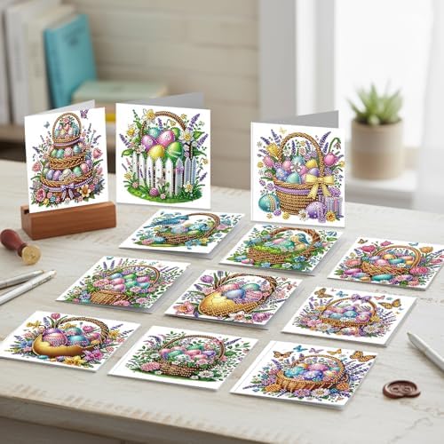 jinglinhh 12pcs Easter Egg Basket Diamond Art Painting Greeting Cards with Envelopes, DIY Card Making Kits for Adults, Diamond Art Christmas Cards for Birthday Holiday Postcards Craft Gifts - Image 4