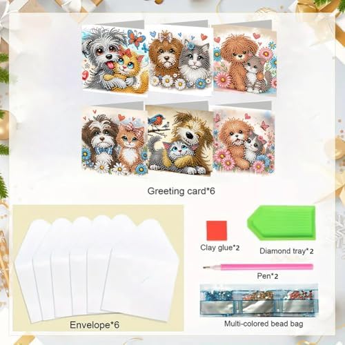 jinglinhh 6pcs Diamond Art Painting Cats and Dogs Hugging Greeting Cards with Envelopes, DIY Card Making Kits for Adults, Diamond Art Postcards Christmas Cards Craft Gifts - Image 3