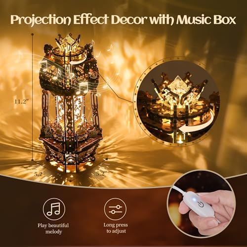 FUNPOLA LED 3D Wood Puzzle Poker World Projector Lamp – DIY Craft Kit with LED Lights and Music Box – Creative Poker-Themed Lamp, Nightlight Gift for Home Décor (Black Walnut) - Image 5