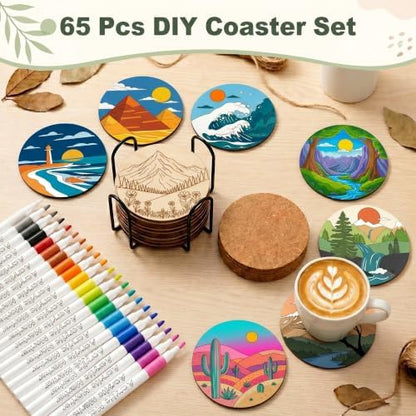 Wooden Drink Coasters Kits for Adults, 65 Pcs Paint Your Own Set with 24 Markers, 20 Coasters, 20 Cork Mats, 1 Holder(Landscape) - Image 3