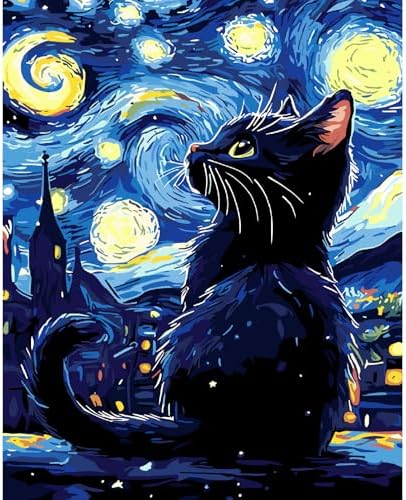 AALBLAC Black Cat Paint by Numbers Kit for Adults Beginners, Cat Adult Paint by Number Kits on Canvas, DIY Acrylic Starry Night Oil Painting for Home Wall Decor 16x20 Inch by Unknown