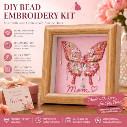 LKTEE Butterfly Bead Embroidery Kit, Hand Embroidery Starter Kit for Beginners Adults with Wooden Frame, Beaded Embroidery Kits DIY Craft Sewing Supplies for Gift Home Decoration (Pink) - Image 2