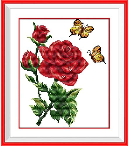 Stamped Cross Stitch Kits for Beginners Full Range of Crossstitching Kits Preprinted Pattern for Kids or Adults, Embroidery Needlepoint Starter Kits 14CT 2 Strands-Butterflies Rose,10.2''x11.8'' by ITSTITCH