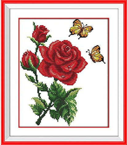 Stamped Cross Stitch Kits for Beginners Full Range of Crossstitching Kits Preprinted Pattern for Kids or Adults, Embroidery Needlepoint Starter Kits 14CT 2 Strands-Butterflies Rose,10.2''x11.8'' by ITSTITCH