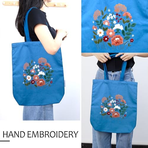 CREAWONDER Canvas Tote Bag Embroidery Kit with Pattern for Beginners, Arts and DIY Embroidery Crafts Kits for Adults, Include Instructions, Thimble, Embroidery Hoops, Color Threads and Tool - Image 2