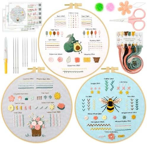 Ponpon 3 Sets Embroidery Kit for Beginners, Embroidery Kit for Adults with Follow Instruction, Cross Stitch Kits with Wooden Embroidery Hoops (Stlye D) by Ponpon