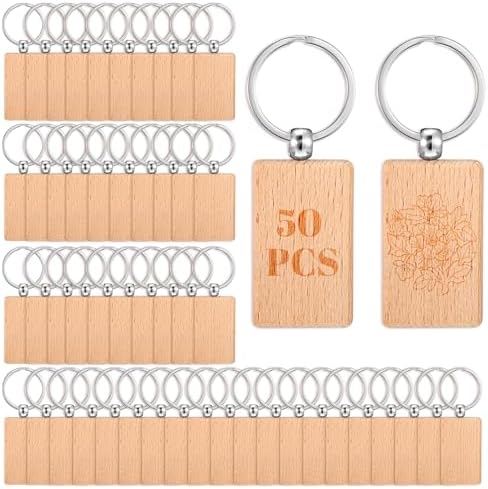 Dimeho 50 Pcs Wooden Keychain Blanks, Laser Engraving Wood Key Chain Rectangle Keychain Blank Bulk Wooden Key Ring Unfinished Various Keys Tag for DIY Craft Supplies by Dimeho