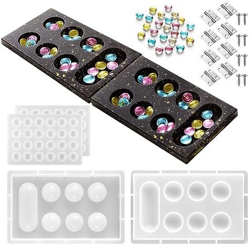Zhehao Mancala Board Game Molds Set Epoxy Silicone Resin Molds Kit with 2 Pcs Mancala Stones Molds 4 Pcs Metal Mancala Accessories Mancala Board Resin Game Molds for Gifts DIY Family Party Board Games by Zhehao