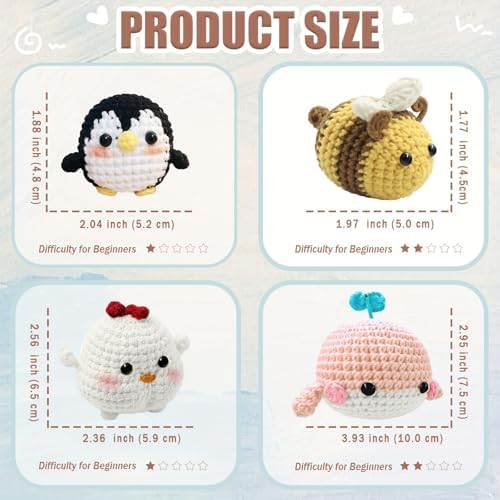 YAMAXIN Crochet Kit for Beginners Adults – 4PCS Animal Amigurumi Yarn Craft Kit with Hooks, Tools & Video Tutorials – DIY Crochet Starter Set (Chick, Whale, Penguin, Bee) - Image 4