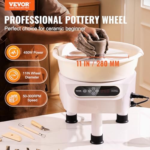 VEVOR 11 inch Pottery Wheel for Adults, 450W Forming Machine with Direct Drive Motor and LCD Touch Screen, 50-300RPM Speed Adjustable Foot Pedal Detachable Basin, for Art Craft Work Home DIY, White - Image 2