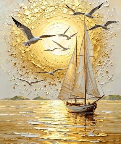 Golden Sunset Sailboat and Seagulls Paint by Numbers Kit for Adults Beginner 24colors 16x20 inch Framed by Unknown