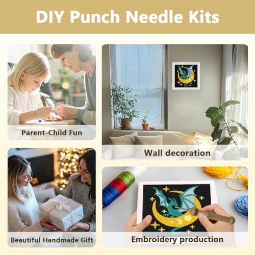 Doodlream Dragon Moon DIY Punch Needle Embroidery Kit for Adult Beginner, 9.4" Dragon Stars Punch Stitching Craft Set for Starter with Frame,Fabric Pattern,Threader, Yarn, Pinch Needle - Image 4