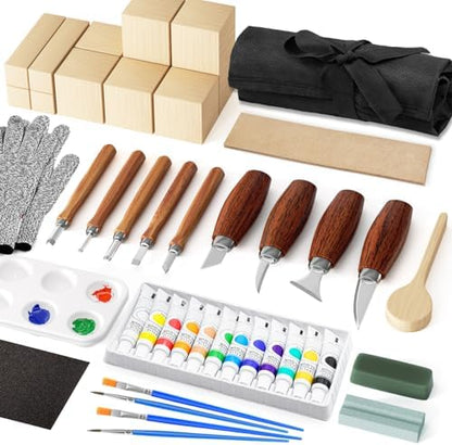 Wood Carving Kit, Wood Carving Tools Set with Carving Knives Detail Knives Basswood Blocks Gloves Polishing Compound Coloring Set, Wood Whittling Kit for Beginners DIY Hobbies for Adults by Ozzagar