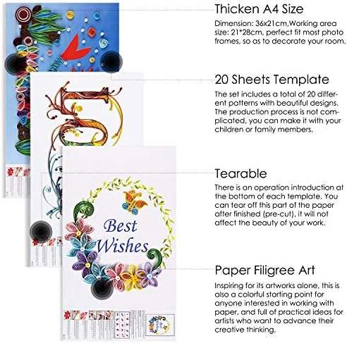 Rancco 20 Pcs Quilling Paper Stencils + 10 Pcs PVC Sheets, A4 Quilling Art Template Paper Filigree Pattern Origami Template, Wall Art Filigree - Image 5
