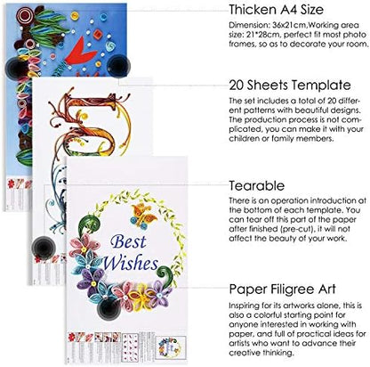 Rancco 20 Pcs Quilling Paper Stencils + 10 Pcs PVC Sheets, A4 Quilling Art Template Paper Filigree Pattern Origami Template, Wall Art Filigree - Image 5