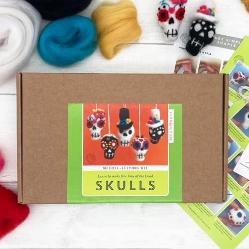 Bergin & Bath Needle Felting kit - Sugar Skulls. Learn to Make Five Cute Skull Decorations from Natural Wool Fibres. for Halloween, Cinco de Mayo and More Celebrations. - Image 3