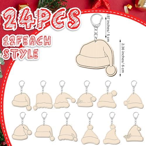 RattanView 24 Pcs Santa Hats Craft Keychains DIY Keychain, 12 Styles - Image 2