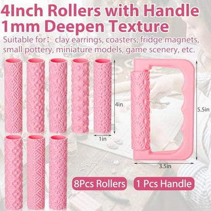 Leriton 9 Pcs Clay Texture Roller Set with Handle, Floral - Image 2