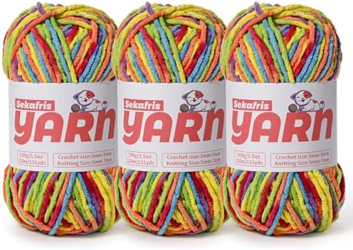 3 Pack Plush Chunky Chenille Yarn for Crocheting, Soft Fluffy Velvet Yarn for Crocheting, Fuzzy Baby Blanket Knitting Yarns, 300g/393yds Bulky Amigurumi Yarns（3 Rainbow） by Sekafris