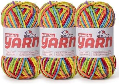 3 Pack Plush Chunky Chenille Yarn for Crocheting, Soft Fluffy Velvet Yarn for Crocheting, Fuzzy Baby Blanket Knitting Yarns, 300g/393yds Bulky Amigurumi Yarns（3 Rainbow） by Sekafris