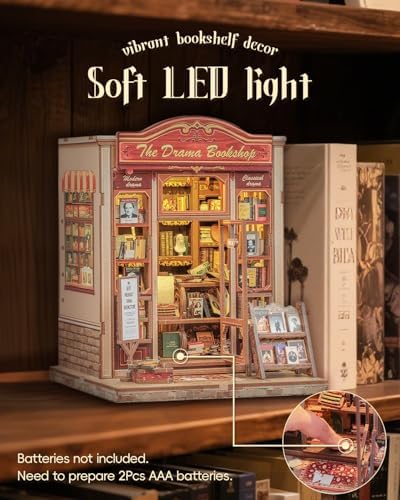 Cutefun Book Nook Kit - DIY Miniature Dollhouse Booknook Kit for Adults and Teens, 3D Wooden Puzzle Bookshelf Insert Decor with LED Light, Gifts for Family and Friends (The Drama Bookshop) - Image 3