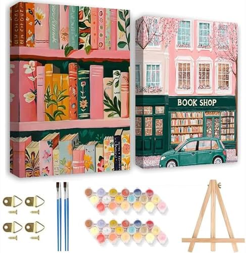 2Pack Book Shop Paint by Numbers for Adults Beginner with Framed, Bookshelf Adult Paint by Number Kits on Canvas with Wood Easel, DIY Acrylic Oil Easy Painting by Numbers for Home Wall Decor 8X12 Inch by Fotasmua