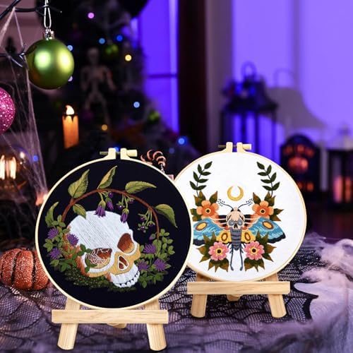 Gothic Skull Embroidery Starter Kits for Beginners Adults, Halloween Stamped Cross Stitch Kit for Beginners Adults, Flowers Hand Embroidery Needlepoint Kit, 2 Embroidery Hoop (Attached Video Tutorial) - Image 2