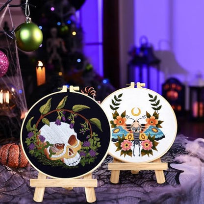 Gothic Skull Embroidery Starter Kits for Beginners Adults, Halloween Stamped Cross Stitch Kit for Beginners Adults, Flowers Hand Embroidery Needlepoint Kit, 2 Embroidery Hoop (Attached Video Tutorial) - Image 2