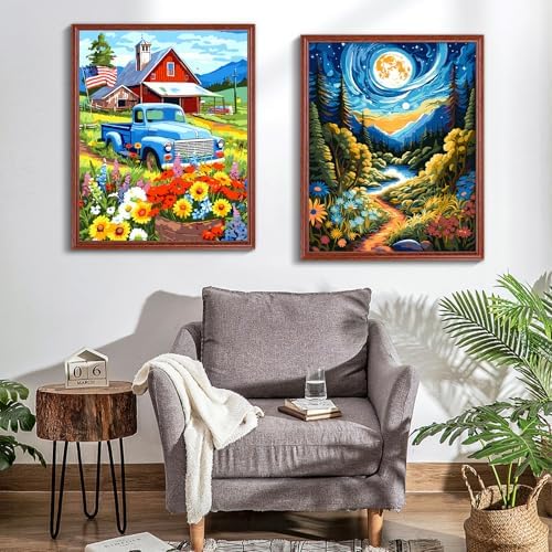 ZTOTZ Vintage Blue Truck Paint by Numbers Kit for Adults, 16x20 in American Farm Countryside Paint by Number Canvas, Red Barn -Floral Landscape Oil Painting for Adults Set - Image 4