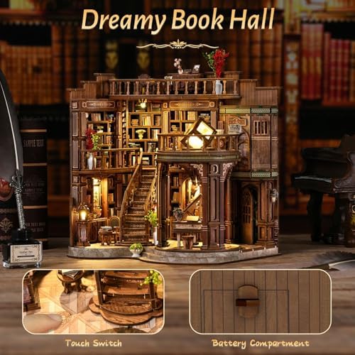 Dreamy Book Hall Book Nook Kit – DIY Miniature Dollhouse 3D Wooden Puzzle, Multi-Layer Vintage Library with LED Warm Light, Premium Imported Wood Bookends, Creative Gift for Adults & Teens - Image 6