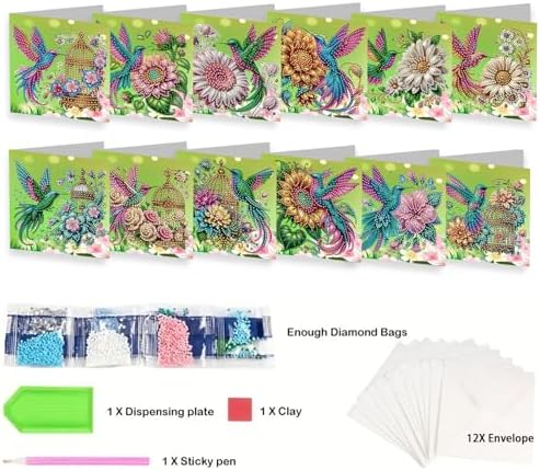 jinglinhh 12pcs Hummingbird Sunflower Diamond Art Painting Greeting Cards with Envelopes, DIY Card Making Kits for Adults, Diamond Art Christmas Cards for Birthday Holiday Postcards Craft Gifts - Image 3