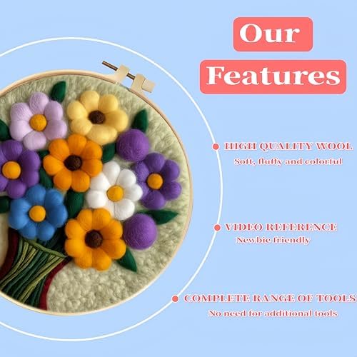 Wonafa DIY Wool Needle Felt Starter Kit, Beginner Needle Felt Kit with Wool Felt Bag, Felts Needles, Photo Frame, Foam Mat, Felts Cloth and Instructions for Home Decor, Art Crafts (Style 8) - Image 3