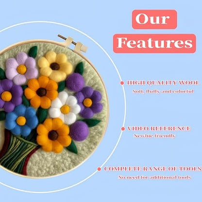 Wonafa DIY Wool Needle Felt Starter Kit, Beginner Needle Felt Kit with Wool Felt Bag, Felts Needles, Photo Frame, Foam Mat, Felts Cloth and Instructions for Home Decor, Art Crafts (Style 8) - Image 3