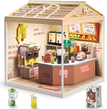 Bubble Tea Shop DIY Miniature House Kit with Roof & LED Light, Stackable & Connectable Dollhouse Kit with Dustproof Doors, Creative DIY Crafts Building Toy Gift for Adults Teens by Unknown